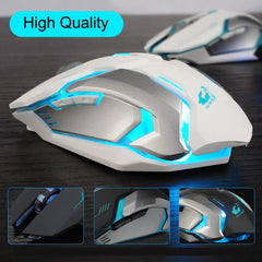 The Ninja Dragon Stealth 7 Wireless Silent LED Gaming Mouse in white and silver with blue lighting rests on a dark surface. Three close-up images showcase various angles, while "High Quality" appears at the top left.