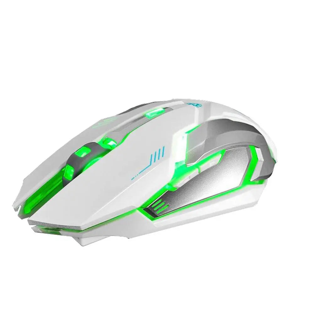 The Ninja Dragon Stealth 7 Wireless Silent LED Gaming Mouse features a sleek white design with angular elements, green LED accents, and a 1600DPI sensor. Shown on a white background.
