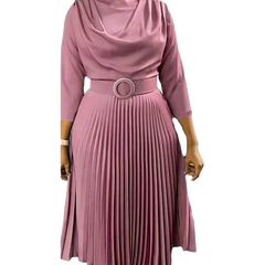 A mauve midi dress with a cowl neckline, three-quarter sleeves, and a pleated A-line skirt.