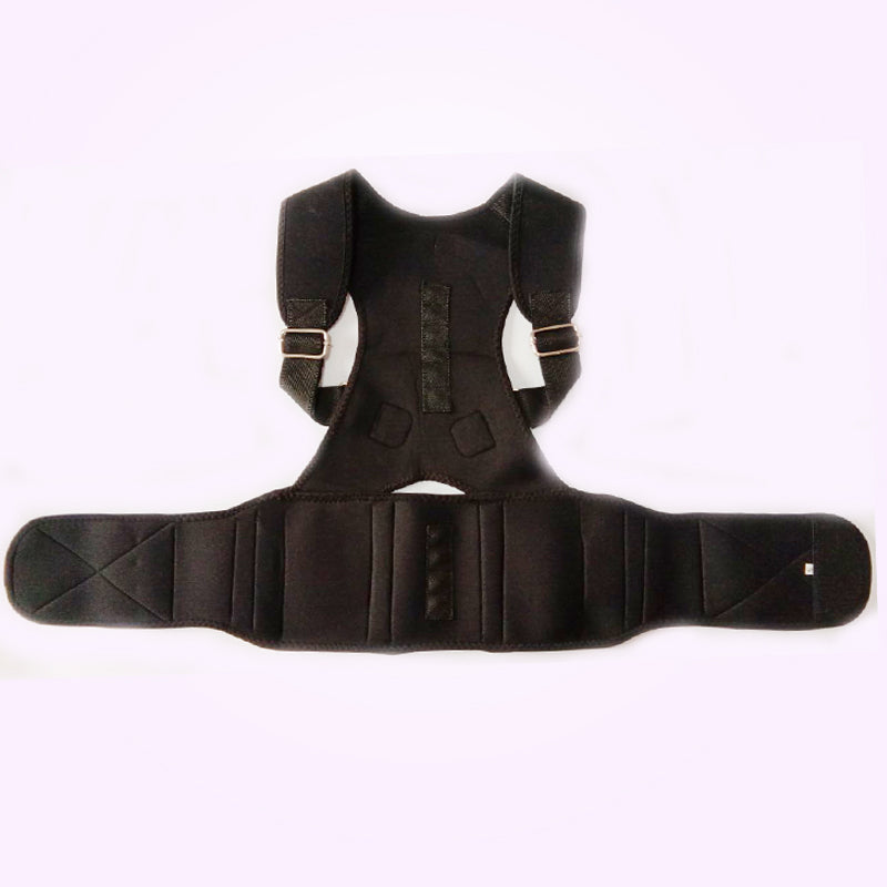 A black posture corrector brace for children with adjustable shoulder straps and a waist belt.