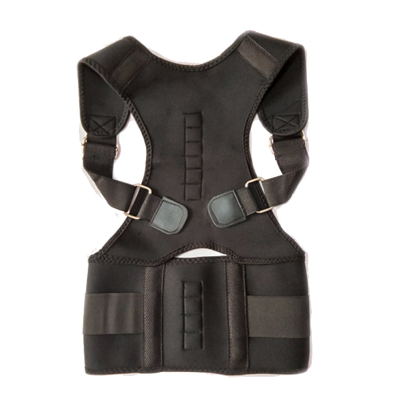 A black posture corrector brace for children with adjustable straps and back support panels.