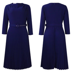 A navy blue midi dress with a crewneck, three-quarter sleeves, a belted waist, and pleated skirt.