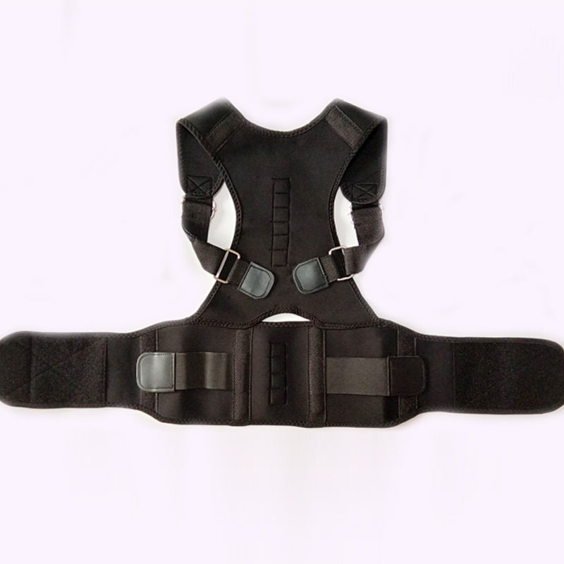 A black posture corrector brace with adjustable straps and a ventilated back panel.