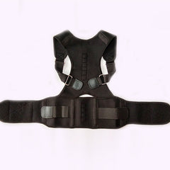 A black posture corrector brace with adjustable straps and a ventilated back panel.