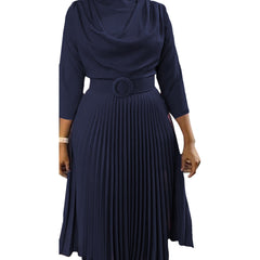 A navy blue midi dress with a cowl neckline, three-quarter sleeves, and a pleated A-line skirt.