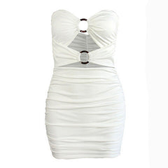 A white strapless mini dress with ruched detailing and two circular ring cutouts at the center.