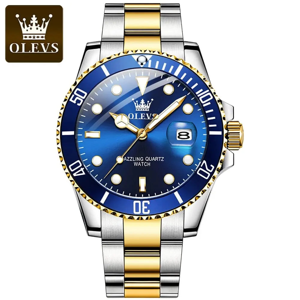 The OLEVS Mens Quartz Watch is a luxury, waterproof, stainless steel timepiece with a blue dial, gold and silver strap, gold bezel edge and crown, large white markers, date display, and luminous details—perfect for business or sports.