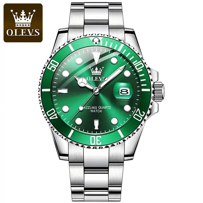 The OLEVS Mens Quartz Watch features a green bezel and dial, white hour markers, date display at 3 o’clock, stainless steel band, and luminous hands—a luxury waterproof business wristwatch with a large dial.