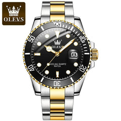 The OLEVS Mens Quartz Watch features a black dial with luminous hands and markers, a black bezel with minute markers, and a silver-gold two-tone stainless steel band for a luxury look. The face is labeled DAZZLING QUARTZ WATCH.