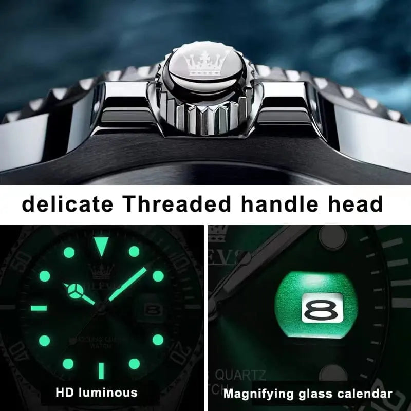 Close-up of the OLEVS Mens Quartz Watch crown, with images of its luminous green dial and magnified date window showing 8. Features include HD luminous display and a magnifying glass calendar—perfect for business or sports.