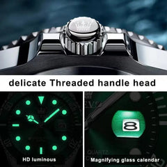 Close-up of the OLEVS Mens Quartz Watch crown, with images of its luminous green dial and magnified date window showing 8. Features include HD luminous display and a magnifying glass calendar—perfect for business or sports.