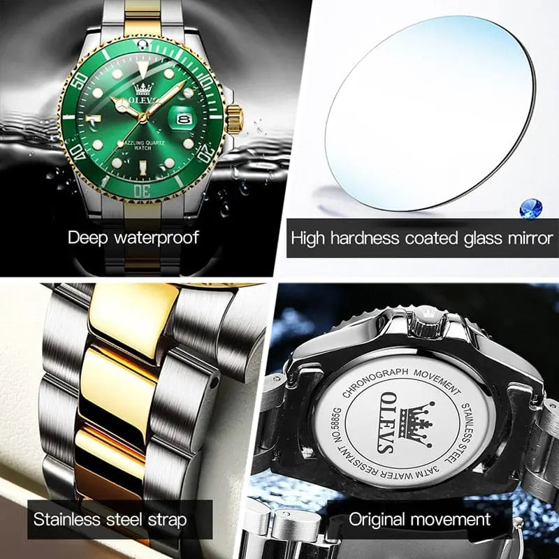 A collage showcases the OLEVS Mens Quartz Watch, a luxury business timepiece with a green face, deep waterproof design, high-hardness coated glass, stainless steel strap with gold accents, and visible original movement on the back.