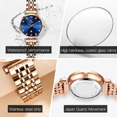 A rose gold OLEVS women's quartz watch with a blue dial and stainless steel link strap.