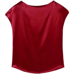 A solid red satin blouse with a round neckline and short sleeves in a loose fit.