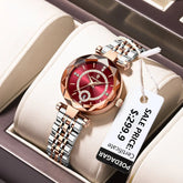 A Poedagar women's quartz watch with a red dial, diamond accents, and a two-tone stainless steel band.