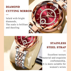 A Poedagar women's quartz watch with a red dial, diamond accents, and a two-tone metal strap.