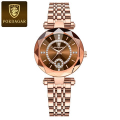 A rose gold-tone Poedagar women's quartz watch with a diamond-accented dial and date display.