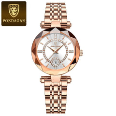A rose gold-tone women's quartz watch with a diamond-accented dial and stainless steel link band.