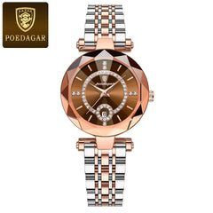 A rose gold and silver stainless steel women's watch with a brown diamond-accented dial.