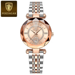 A rose gold and silver stainless steel women's watch with a diamond-accented dial and date window.