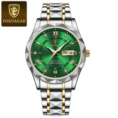 Showlu Fashion Store 0 Gold Green POEDAGAR Top Brand Luxury Man Wristwatch Waterproof Luminous Date Week Men Watches Stainless Steel Quartz Men's Watch Male reloj