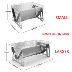 Two stainless steel portable folding barbecue grills shown in small and larger sizes.