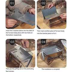 A four-step instructional guide showing how to assemble a portable stainless steel camping grill.