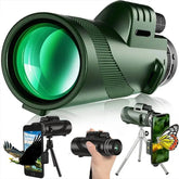 A green monocular telescope shown with a tripod and smartphone mount for outdoor photography.