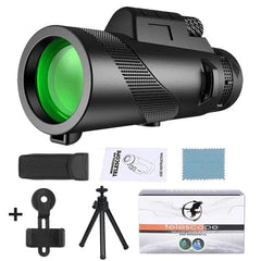 A black monocular telescope with accessories including a tripod, phone mount, and carrying case.