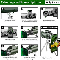 An instructional graphic showing eight steps to mount a smartphone onto a monocular telescope.