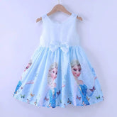 A light blue sleeveless cotton dress for children featuring an Elsa print and a front bow.