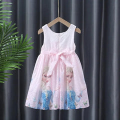 A sleeveless pink cotton dress for children featuring a cartoon Elsa print and a back waist bow.