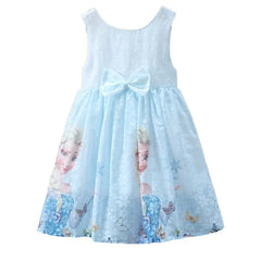 A light blue sleeveless cotton dress featuring an Elsa print and a bow at the waist.