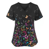 Black V-neck scrub top featuring a colorful butterfly pattern throughout.