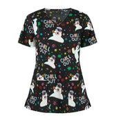 Black V-neck scrub top featuring a snowman print and Chill Out text with colorful snowflakes.