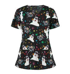 Black V-neck scrub top featuring a snowman pattern and Chill Out text with colorful snowflakes.