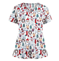 V-neck scrub top with a festive Christmas pattern featuring Santa, reindeer, and penguins.