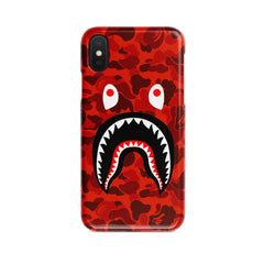 A red camouflage iPhone case featuring a prominent shark mouth graphic.