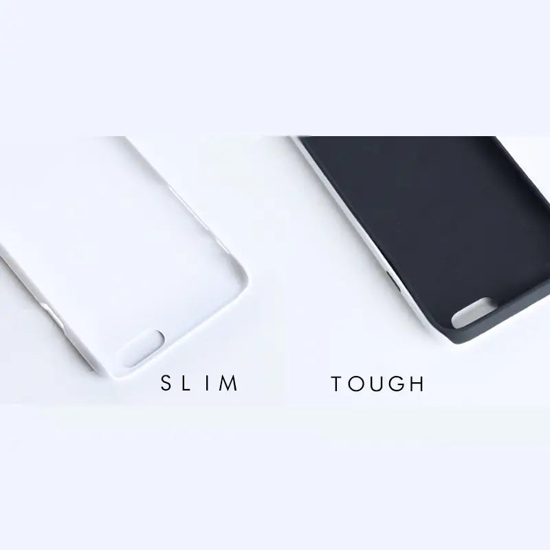 A side-by-side comparison of a white slim phone case and a black tough phone case.