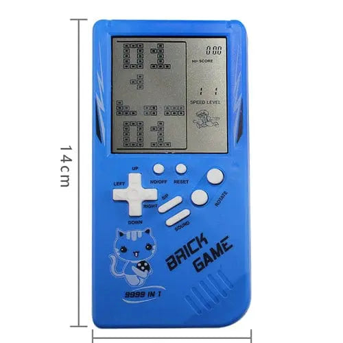 A yellow Retro Childhood Tetris Handheld Game Player, 14 cm tall, features directional buttons, a screen displaying Tetris, cartoon cat artwork, and "9999 in 1" text on the front.