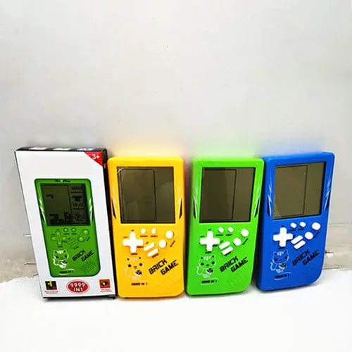 Three Retro Childhood Tetris Handheld Game Players in yellow, green, and blue are lined up beside their box, which displays an image of a retro handheld console with colorful graphics on a white background.