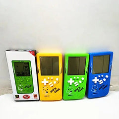 Three Retro Childhood Tetris Handheld Game Players in yellow, green, and blue are lined up beside their box, which displays an image of a retro handheld console with colorful graphics on a white background.