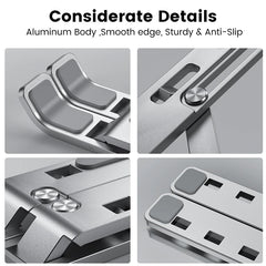 A foldable silver aluminum laptop stand featuring anti-slip pads and adjustable hinges.