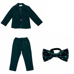 A dark green formal suit for boys featuring a blazer, trousers, and a patterned bow tie.