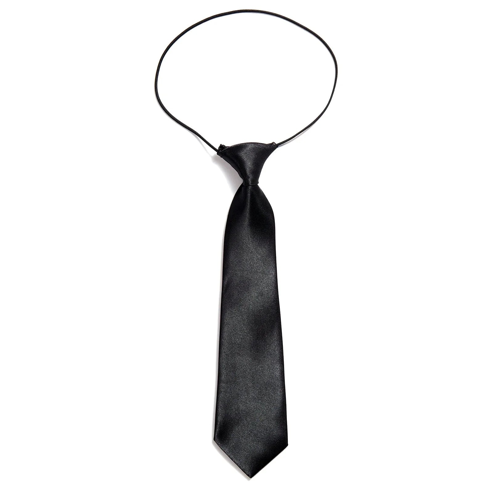 A black pre-tied elastic necktie for boys with a smooth satin finish.