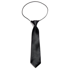 A black pre-tied elastic necktie for boys with a smooth satin finish.
