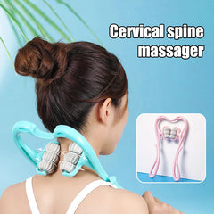 A person uses a blue manual six-wheel cervical massager on their neck, with a pink version inset.