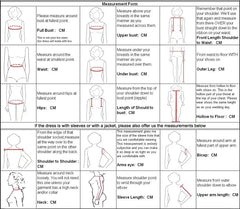 A measurement guide chart for custom clothing with diagrams showing how to take body measurements.