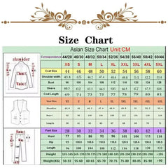 A size chart for a men's three-piece suit featuring measurements for the jacket, vest, and pants.