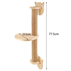 A wall-mounted cat climbing post with two wooden platforms and sisal rope, measuring 77.5cm tall.